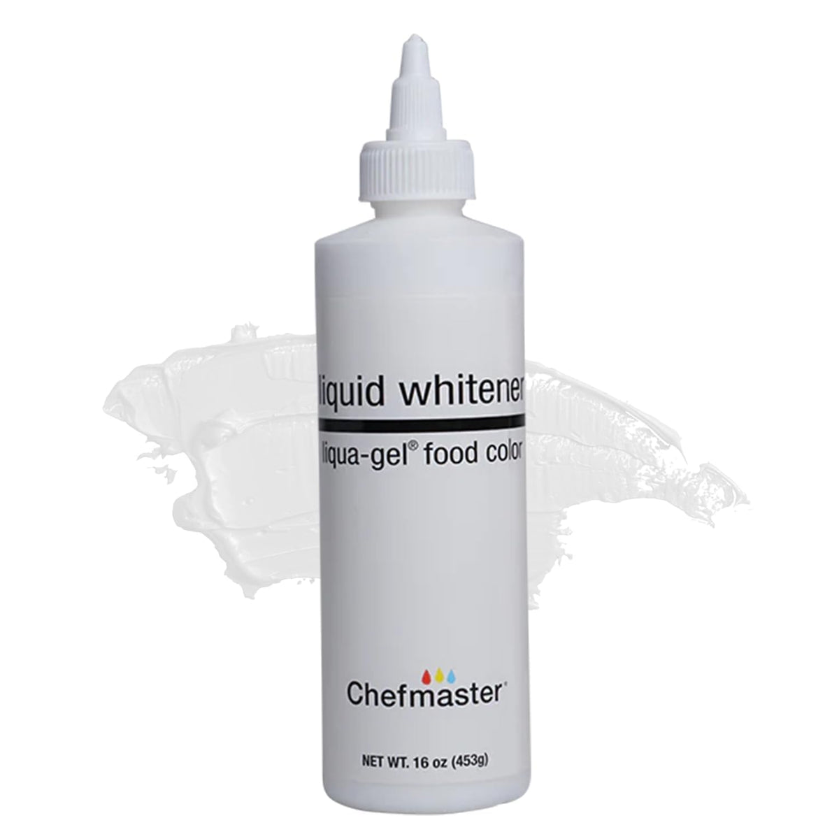 Chefmaster Liquid Whitener Liqua-Gel bottle with pour top for pristine white icing.