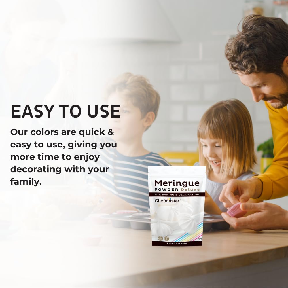 Chefmaster Meringue Powder Deluxe pairs with Liqua-Gel colors for vibrant decorating.