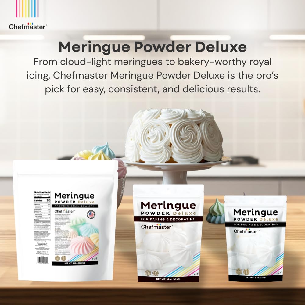 Chefmaster Meringue Powder Deluxe jar with label for precise measurements and quick mixing.
