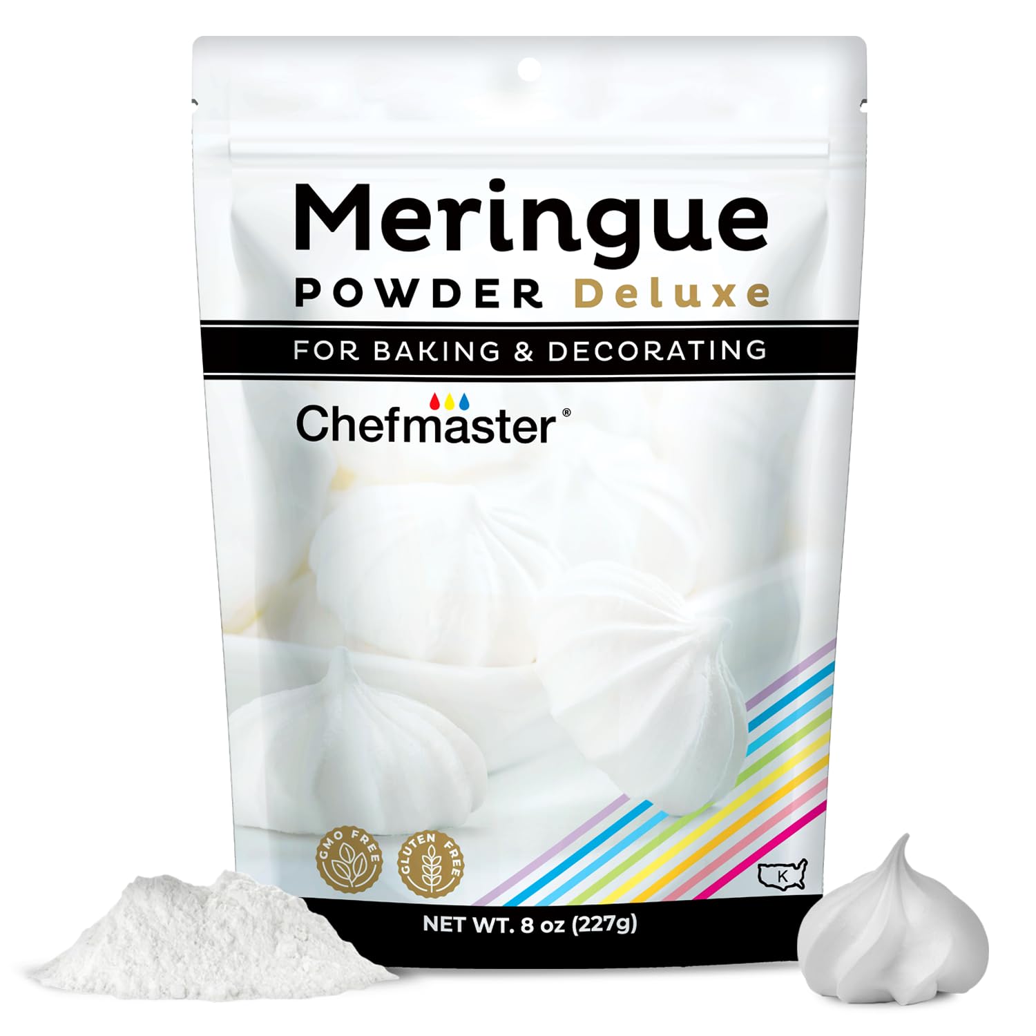 Chefmaster Meringue Powder Deluxe packaging is a resealable container for easy storage and use.