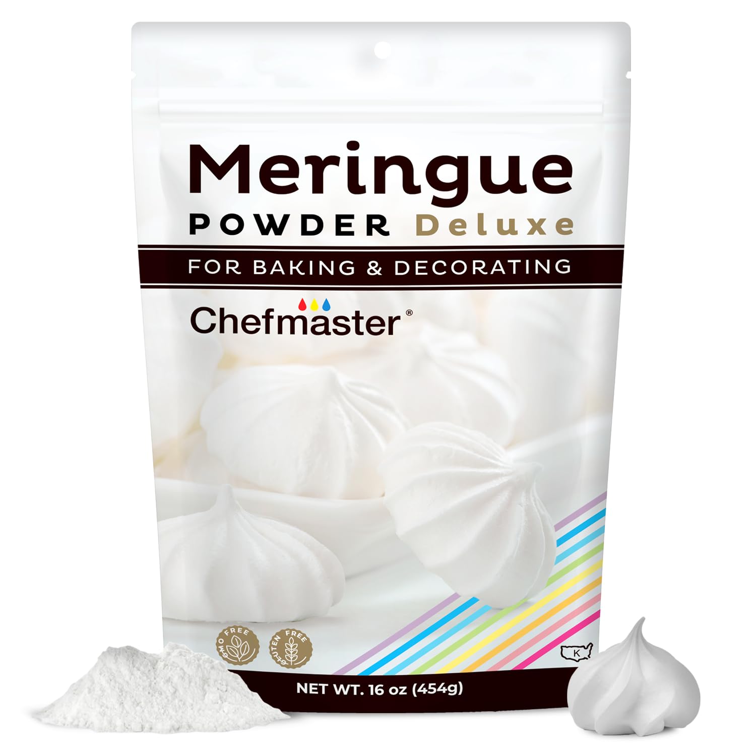 Chefmaster Meringue Powder Deluxe packaging signals trusted, non-GMO baking staple for bakers.