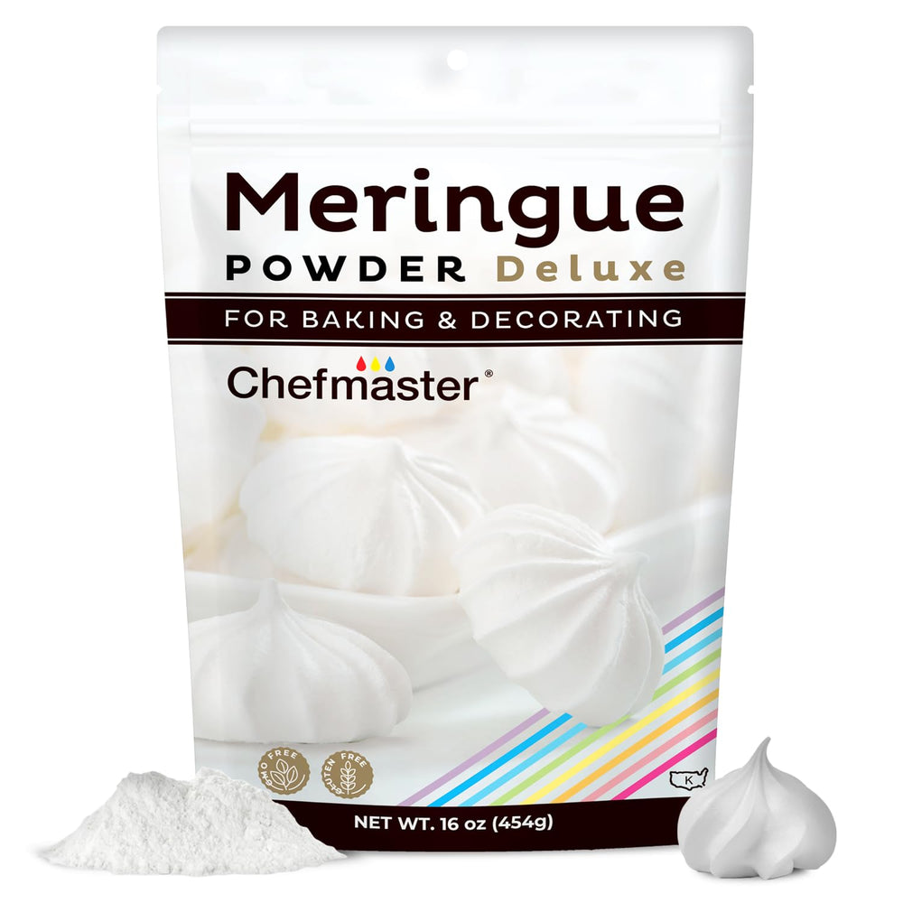 Chefmaster Meringue Powder Deluxe packaging signals trusted, non-GMO baking staple for bakers.