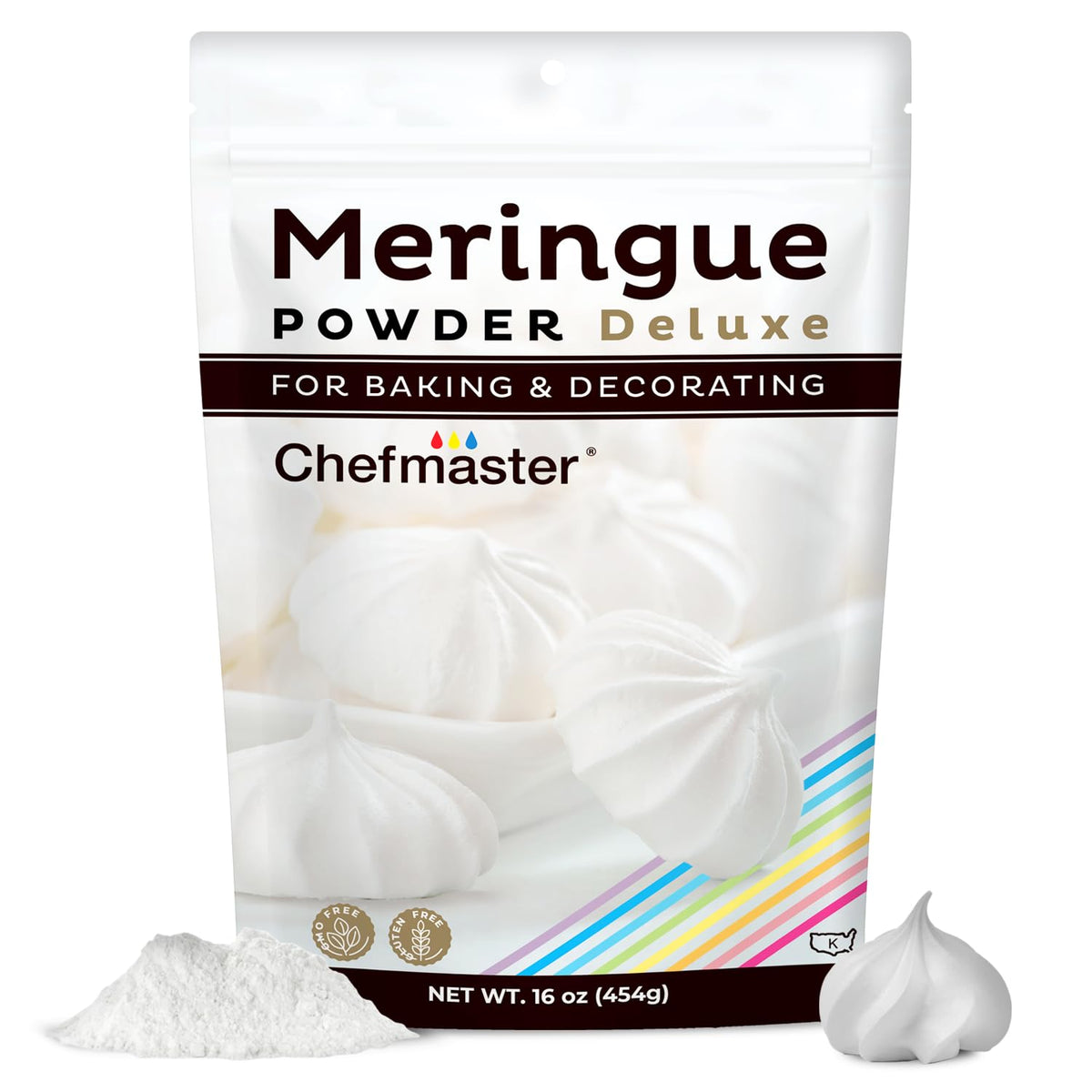 Chefmaster Meringue Powder Deluxe packaging signals trusted, non-GMO baking staple for bakers.