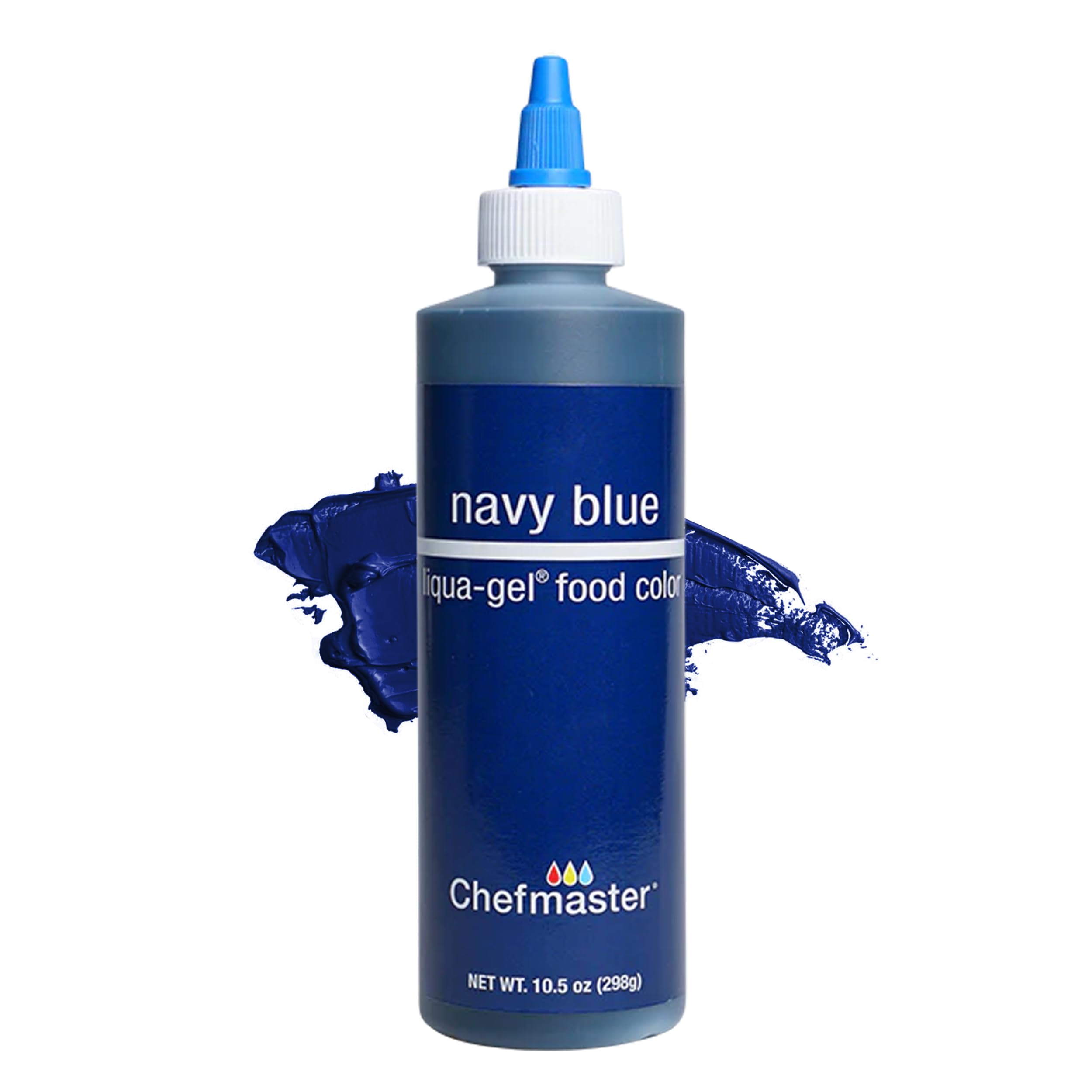 Chefmaster Navy Blue Liqua-Gel bottle for vibrant icing and decorating.