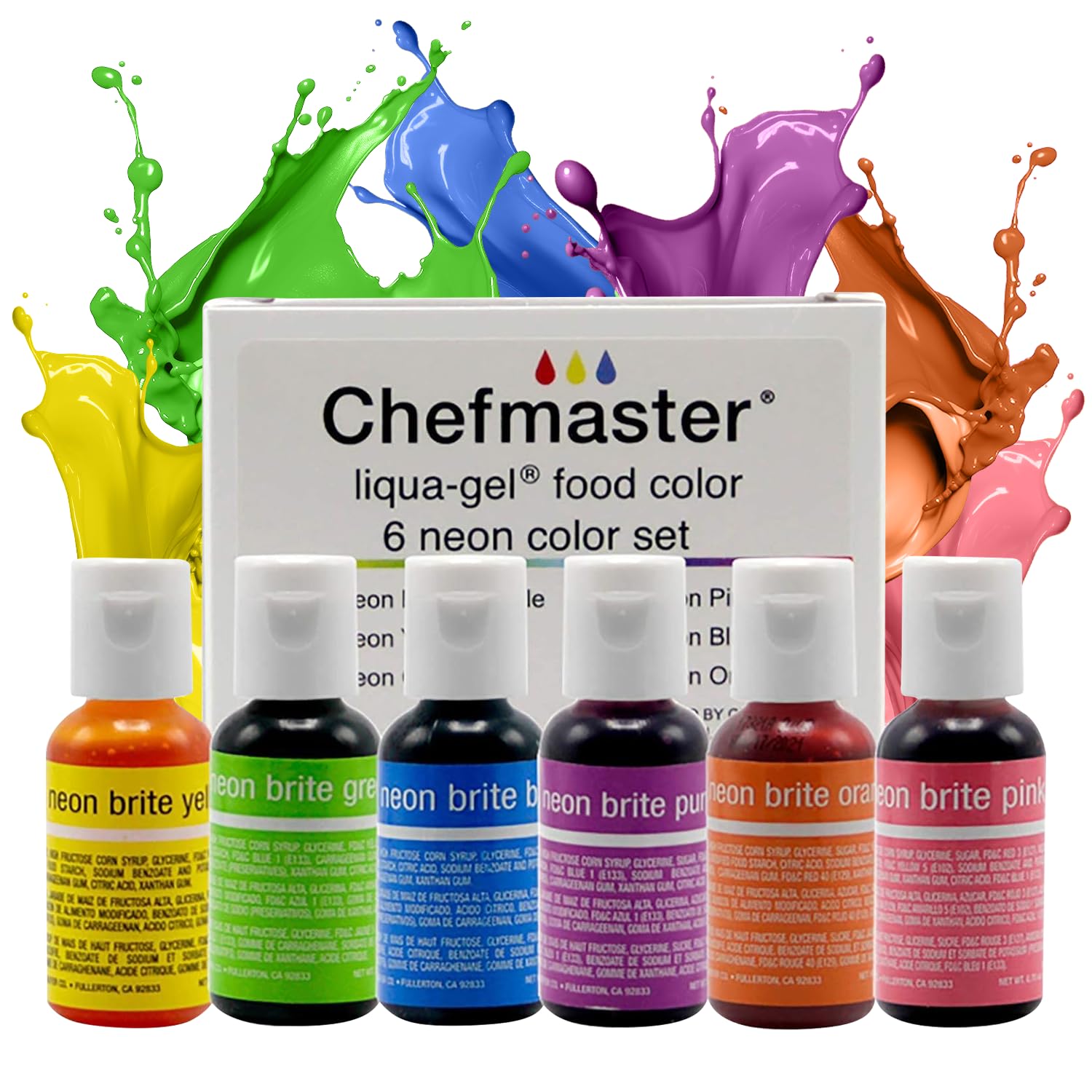 Chefmaster Neon Liqua-Gel red bottle for vibrant, fade-resistant color in desserts