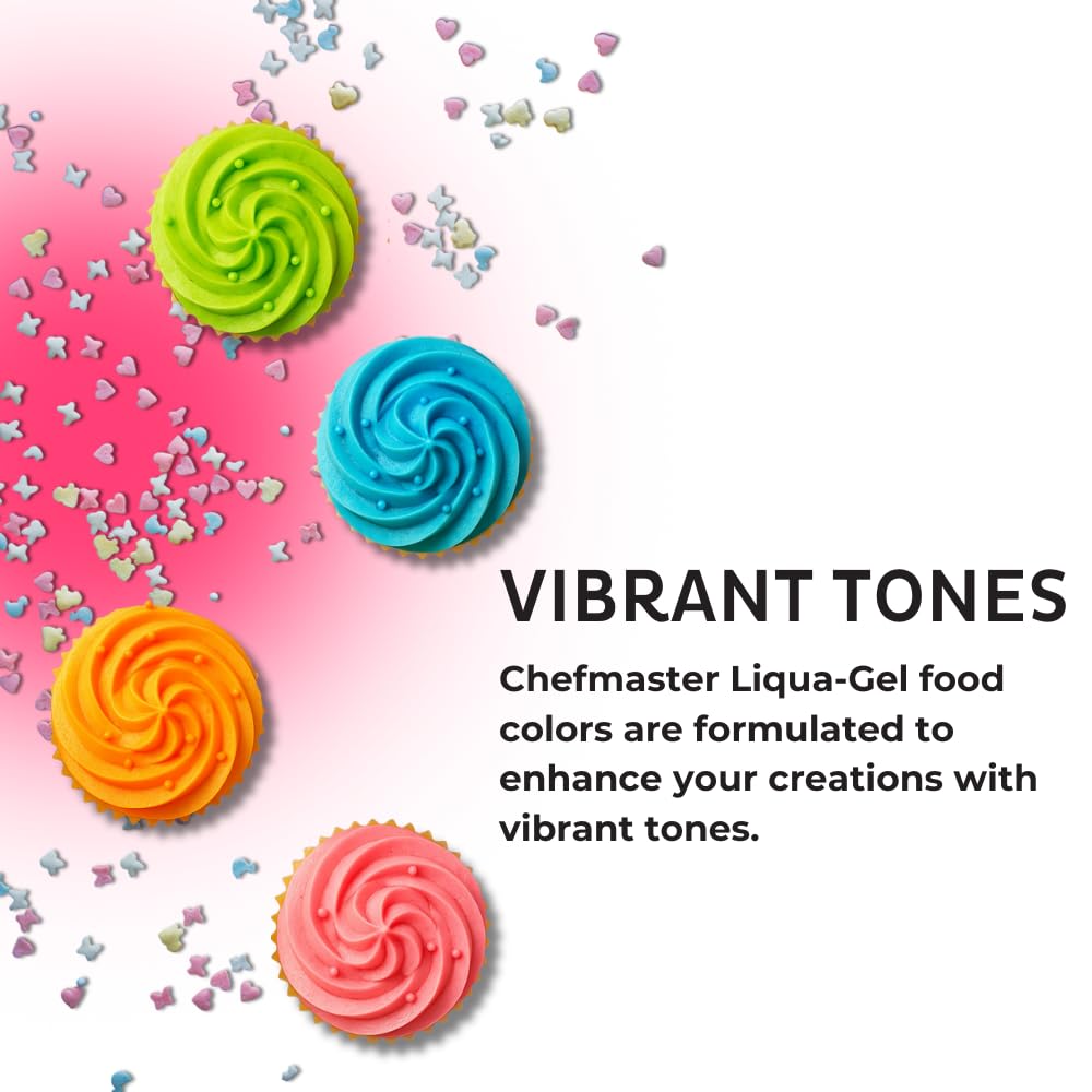 Chefmaster Neon Liqua-Gel blue bottle colors cupcake batters vividly.