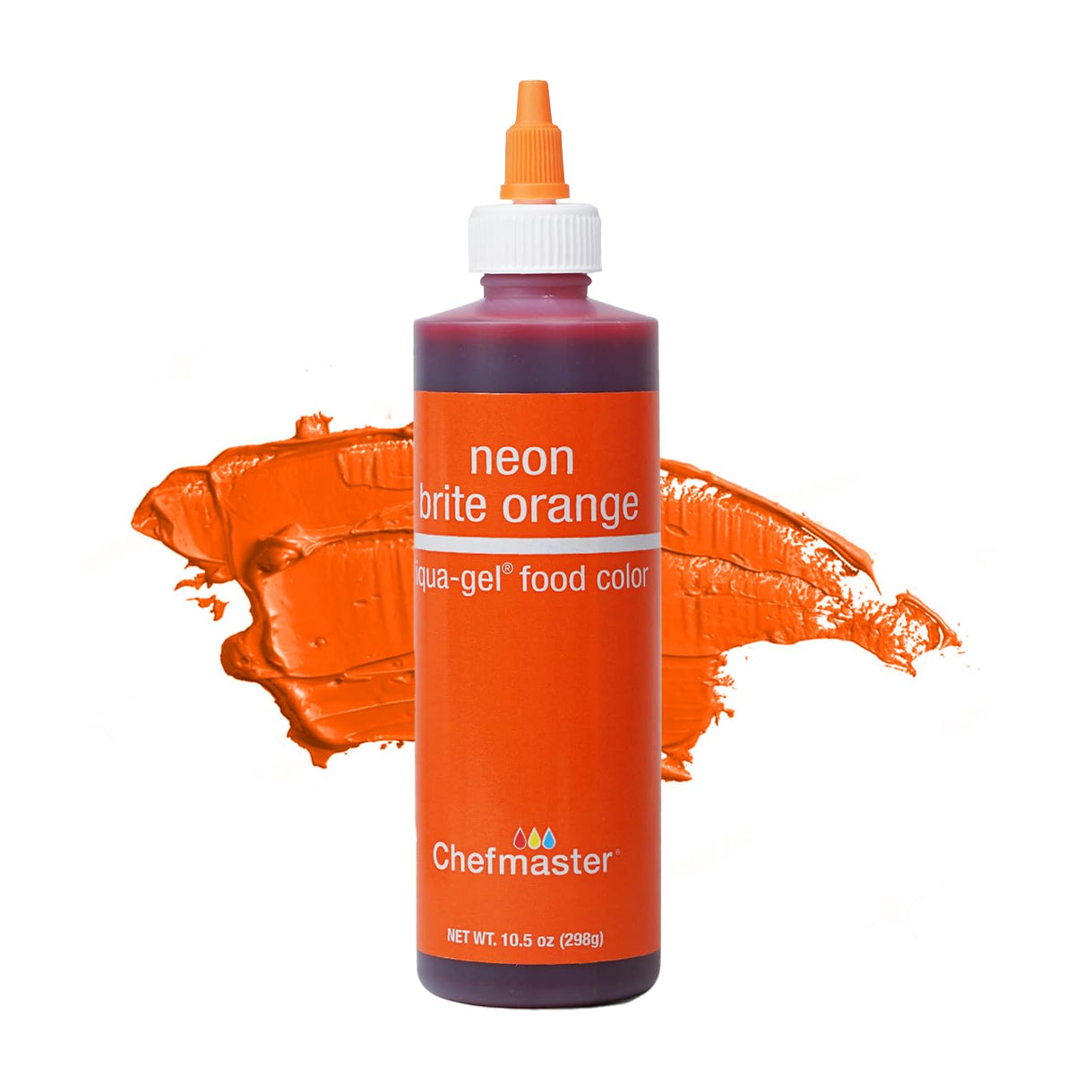 Chefmaster Neon Orange Liqua-Gel bottle-pour delivers a vibrant icing color.