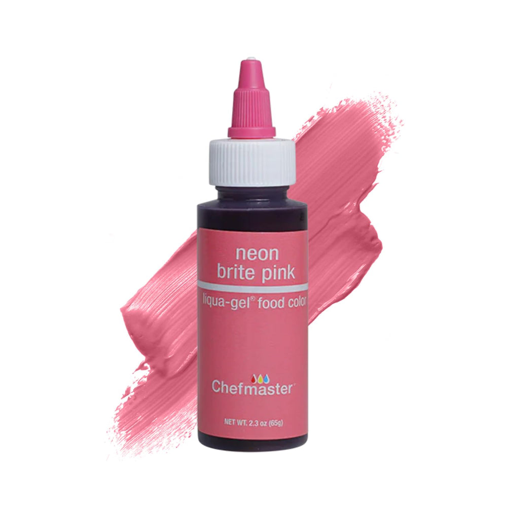 Chefmaster Neon Pink Liqua-Gel bottle closeup shows vivid color payoff for icing
