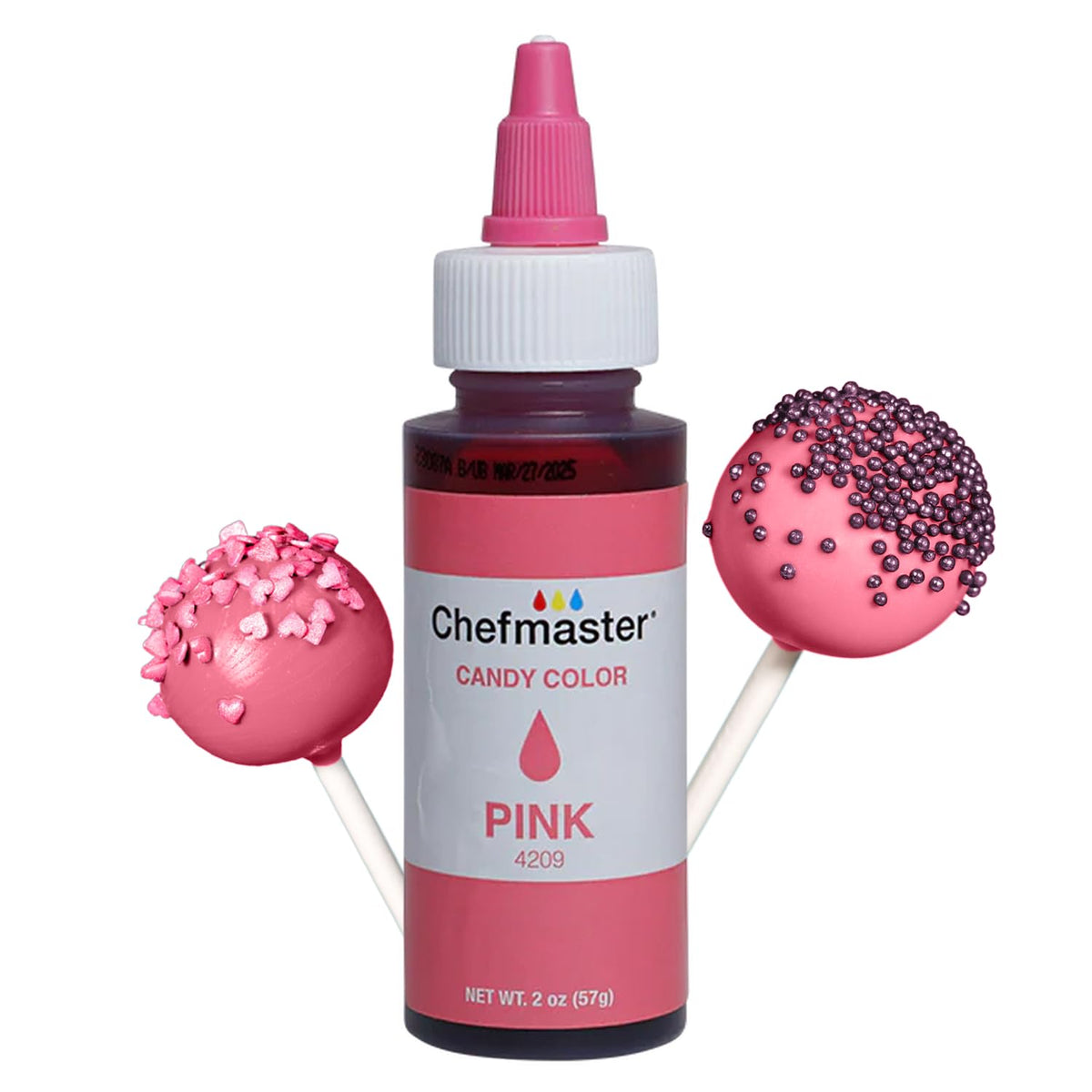 Chefmaster Pink Candy Color bottle for precise shade control in chocolate and candy crafts.