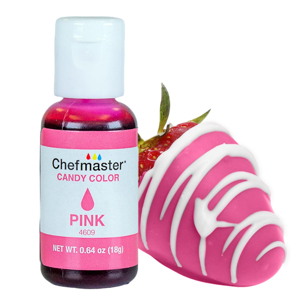 Chefmaster Pink Candy Color bottle displaying a vibrant pink hue for chocolate coatings.