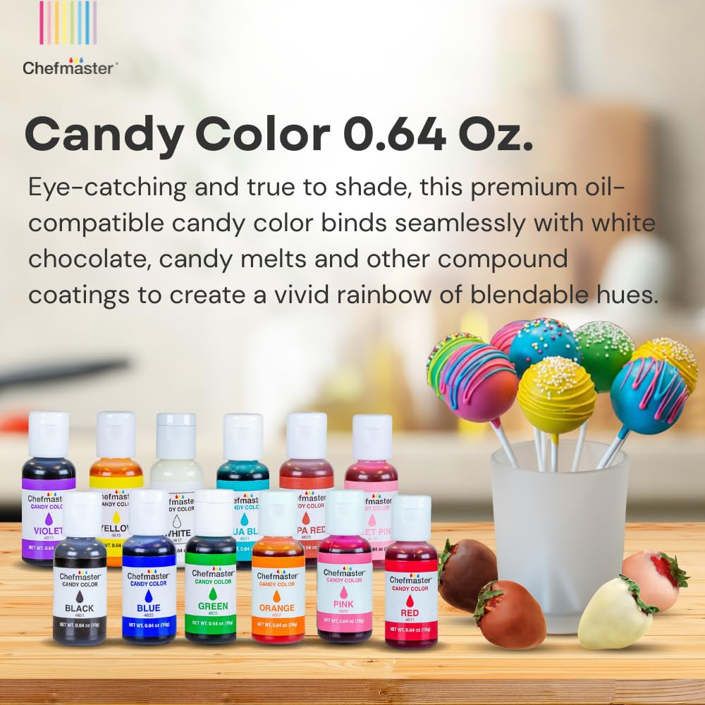 Chefmaster Pink Candy Color drops demonstrate precise, drop-by-drop color control.