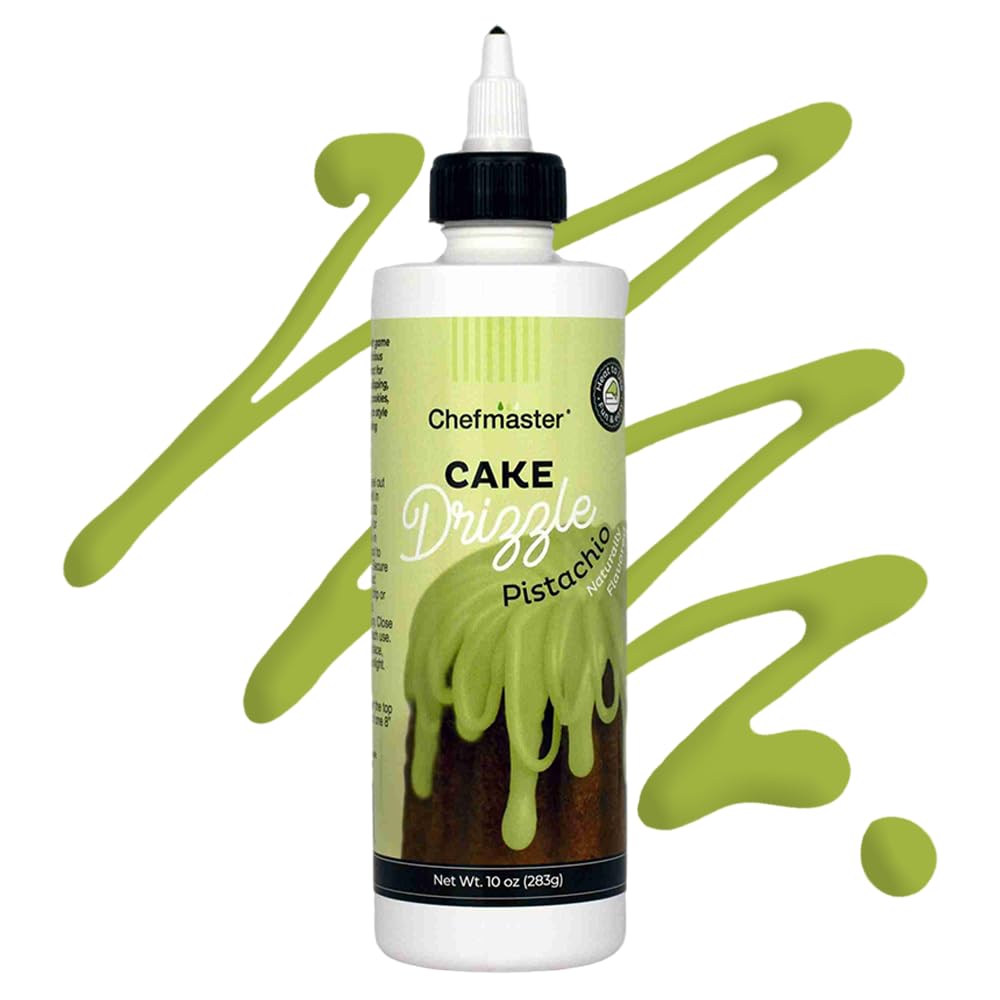 Chefmaster pistachio drizzle on cake top for a glossy finish
