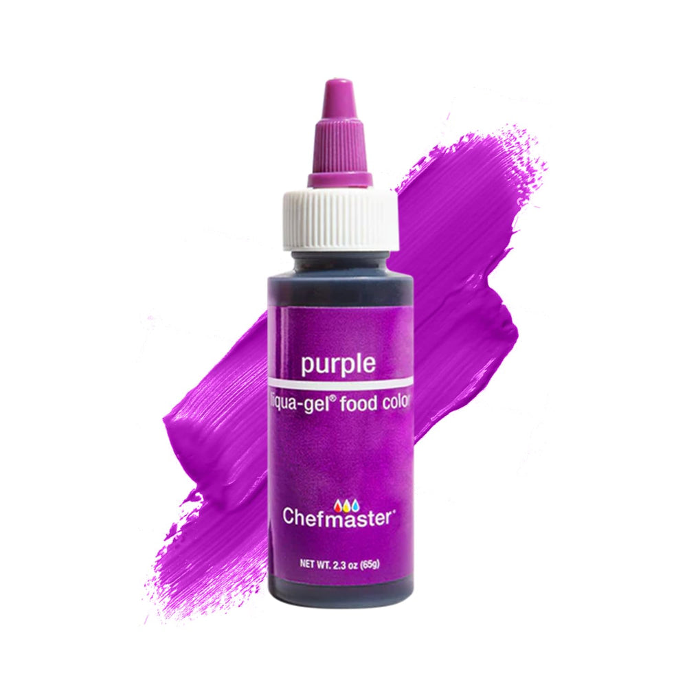 Chefmaster Purple Liqua-Gel bottle delivers vibrant icing color.
