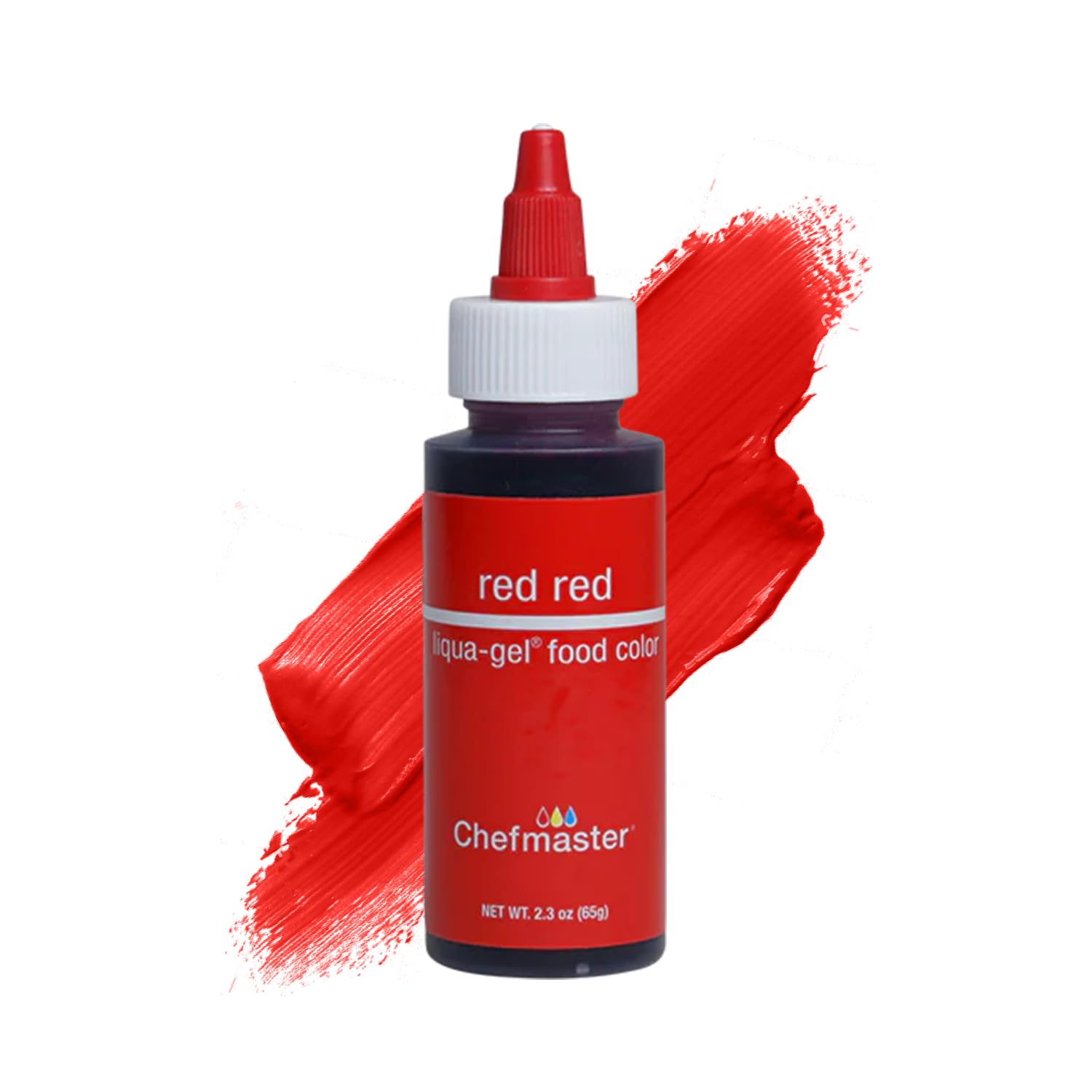 Chefmaster Red Liqua-Gel bottle pour demonstrates precise drop control for vibrant color.