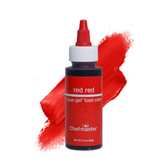 Chefmaster Red Liqua-Gel bottle pour demonstrates precise drop control for vibrant color.