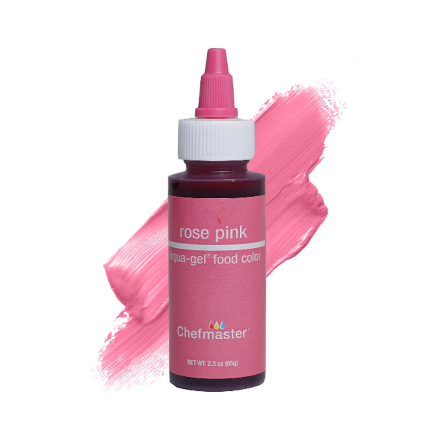 Chefmaster Rose Pink Liqua-Gel bottle shows vivid color for icing projects.