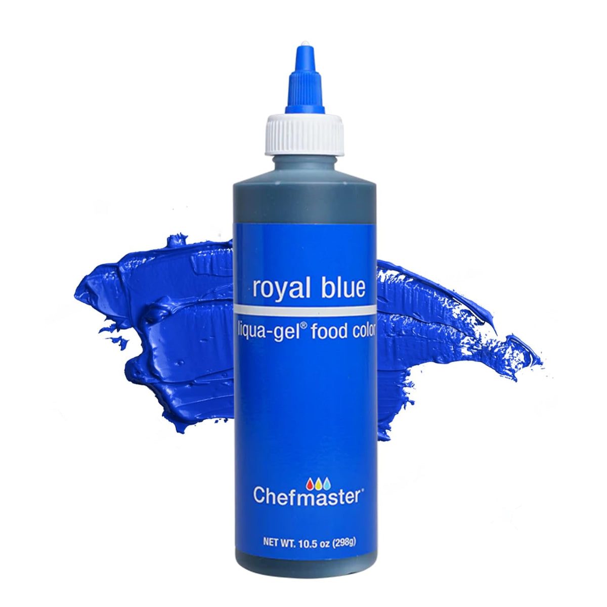 Chefmaster Royal Blue Liqa-Gel bottle for vibrant icing color.