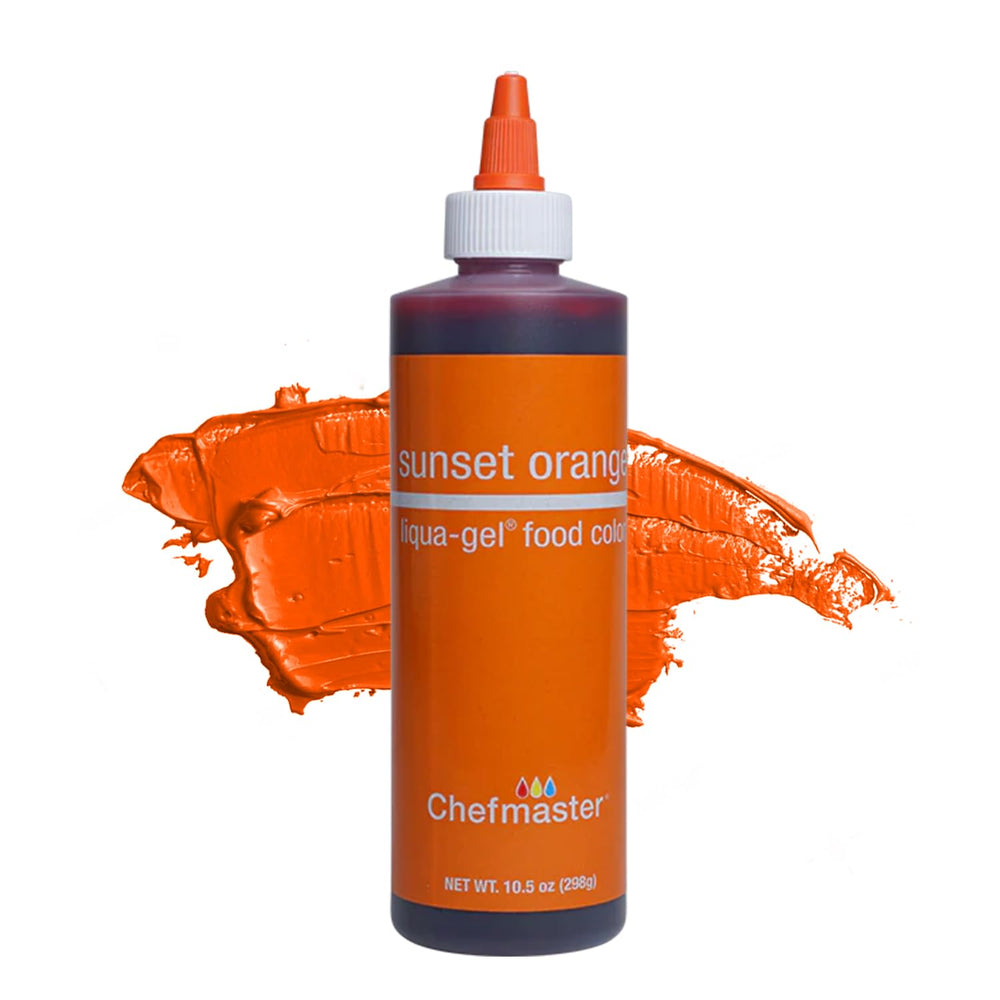 Chefmaster Sunset Orange Liqua-Gel bottle pour for bold fade-resistant icing.