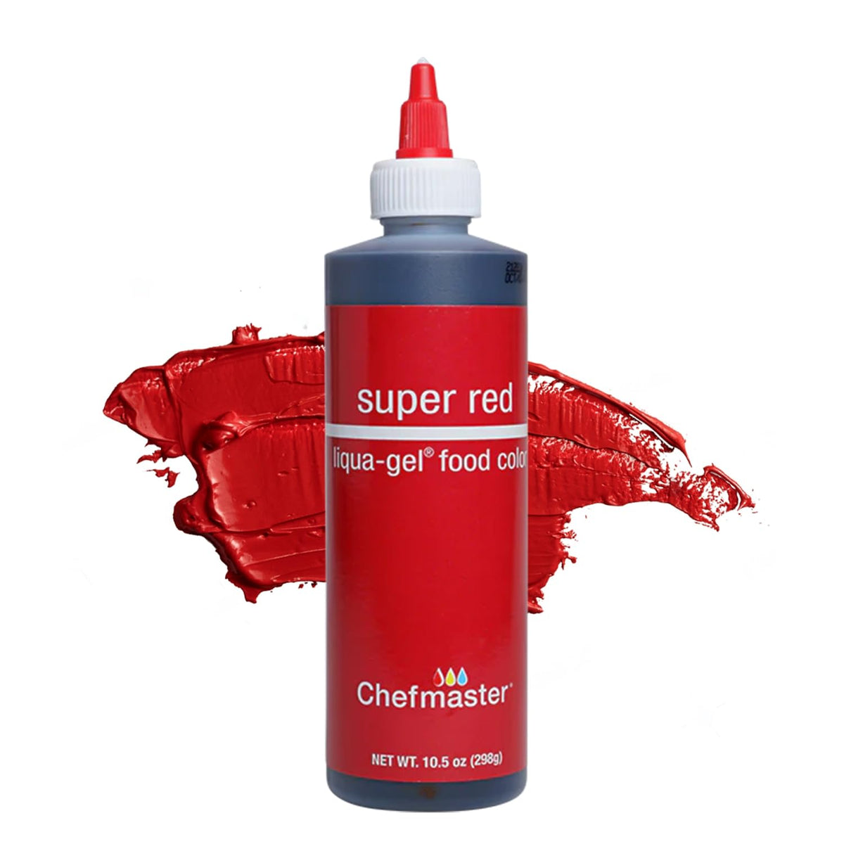 Chefmaster Super Red Liqua-Gel bottle with flip-top cap enables precise icing color control.