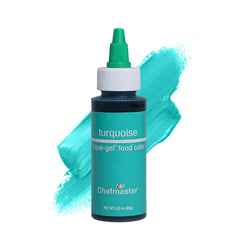 Chefmaster Liqua-Gel turquoise bottle delivering vivid color for icing with fade resistance.