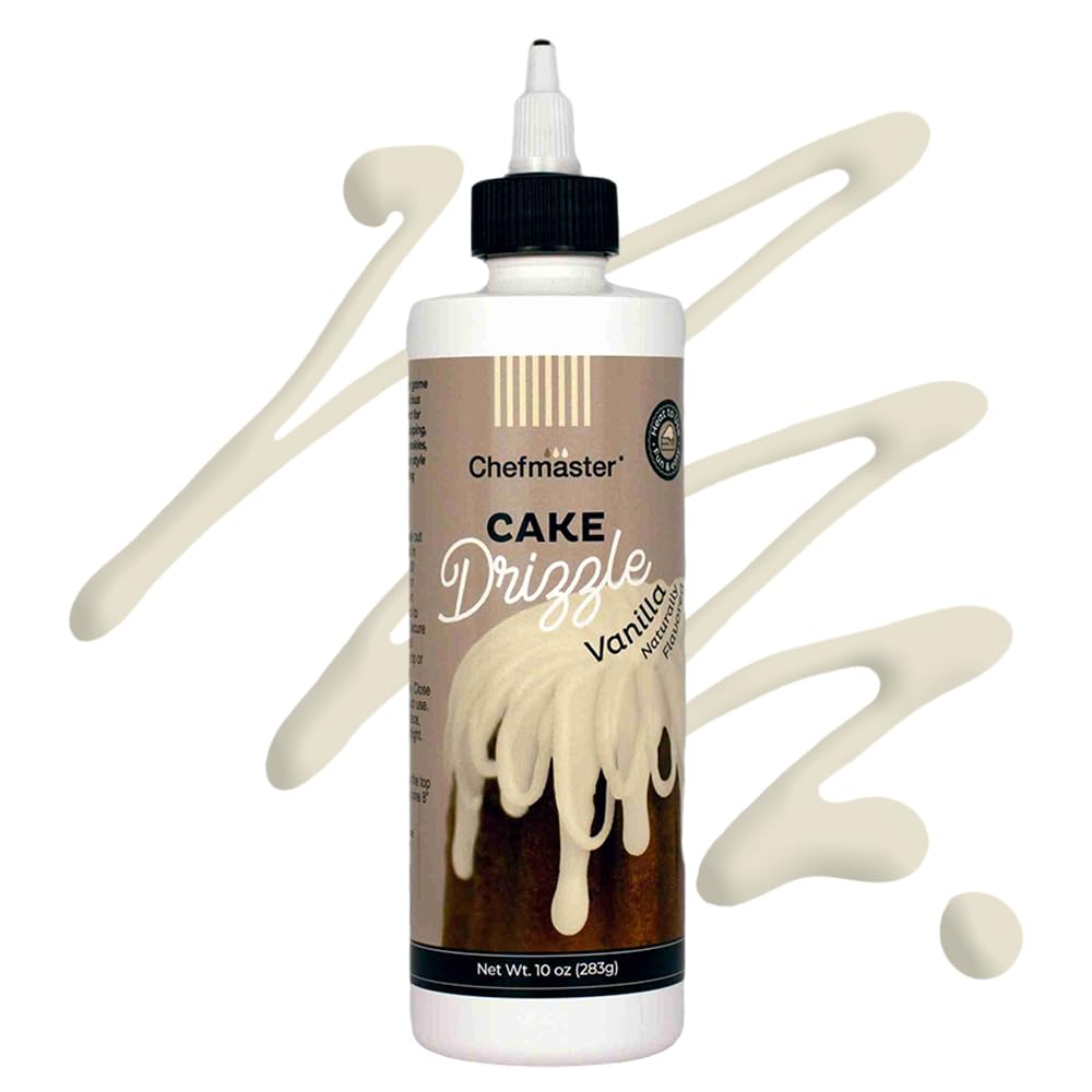 Chefmaster Vanilla Cake Drizzle bottle ready to glaze a cake surface