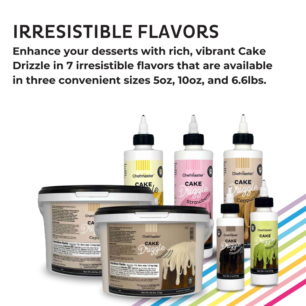 Chefmaster Vanilla Cake Drizzle closeup bottle showcases premium packaging
