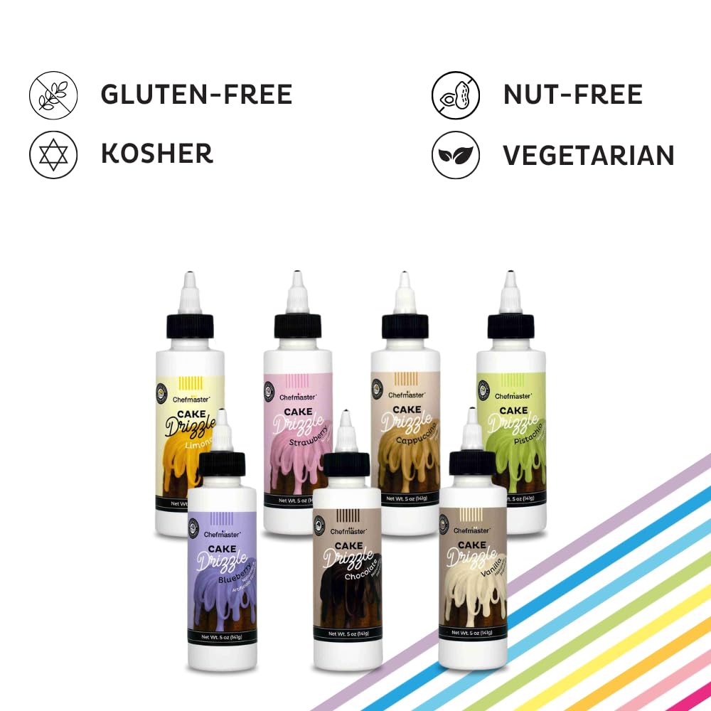 Chefmaster Vanilla Drizzle on cupcakes adds a glossy vanilla finish.