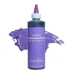 Chefmaster Violet Liqua-Gel bottle shows fade-resistant color for icing and fondant.