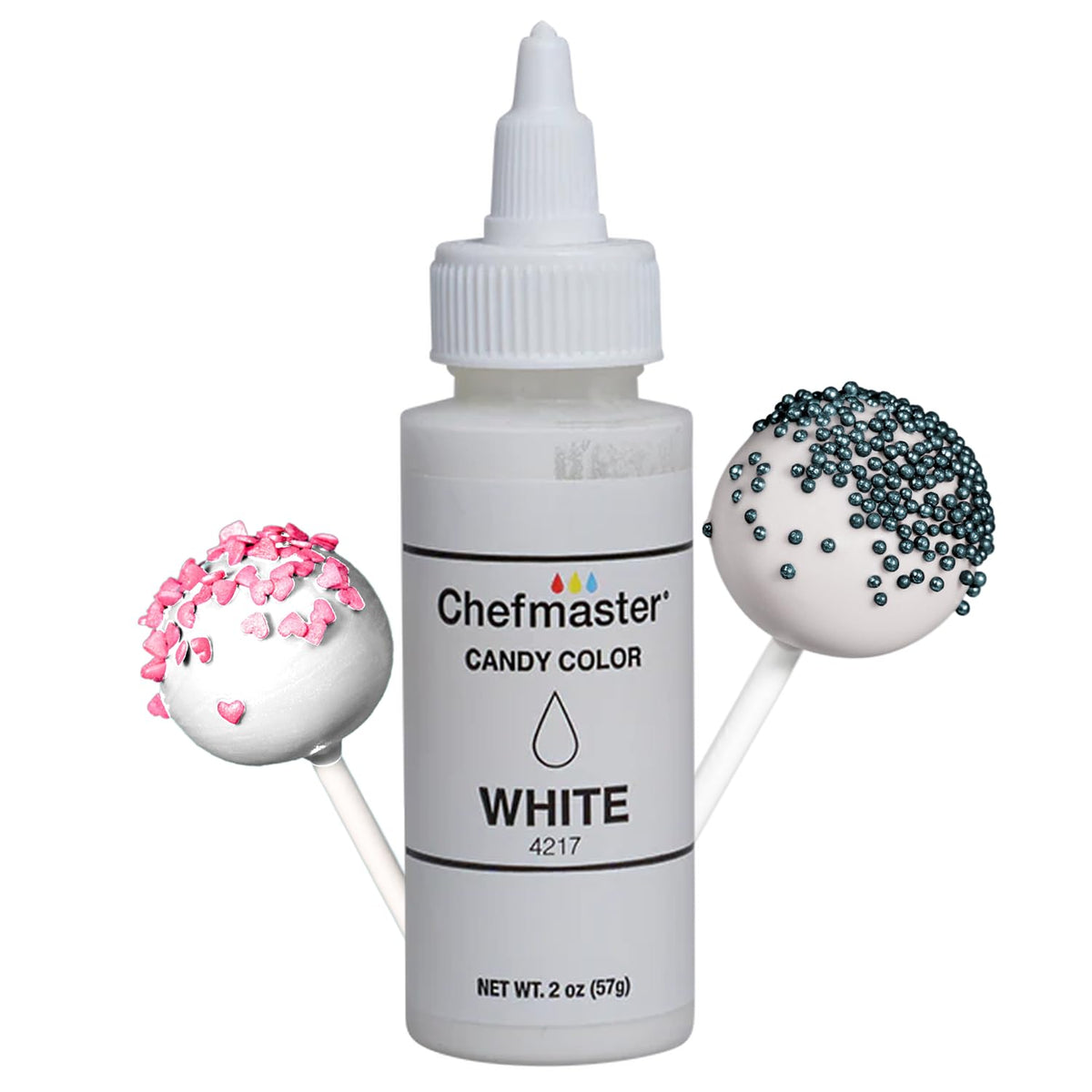Chefmaster White Candy Color bottle-pour enables precise dispensing for even chocolate coloring.