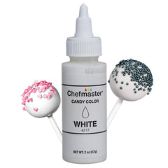 Chefmaster White Candy Color bottle-pour enables precise dispensing for even chocolate coloring.