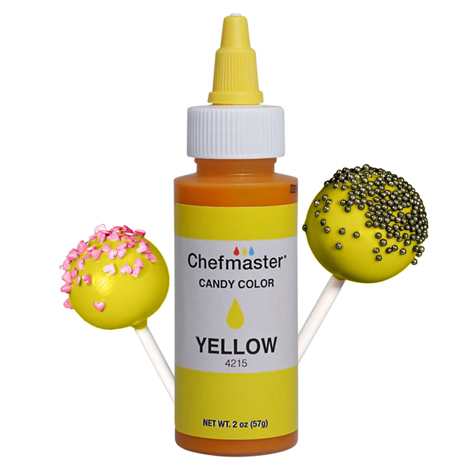 Chefmaster Yellow Candy Color bottle pour for vibrant chocolate coatings.