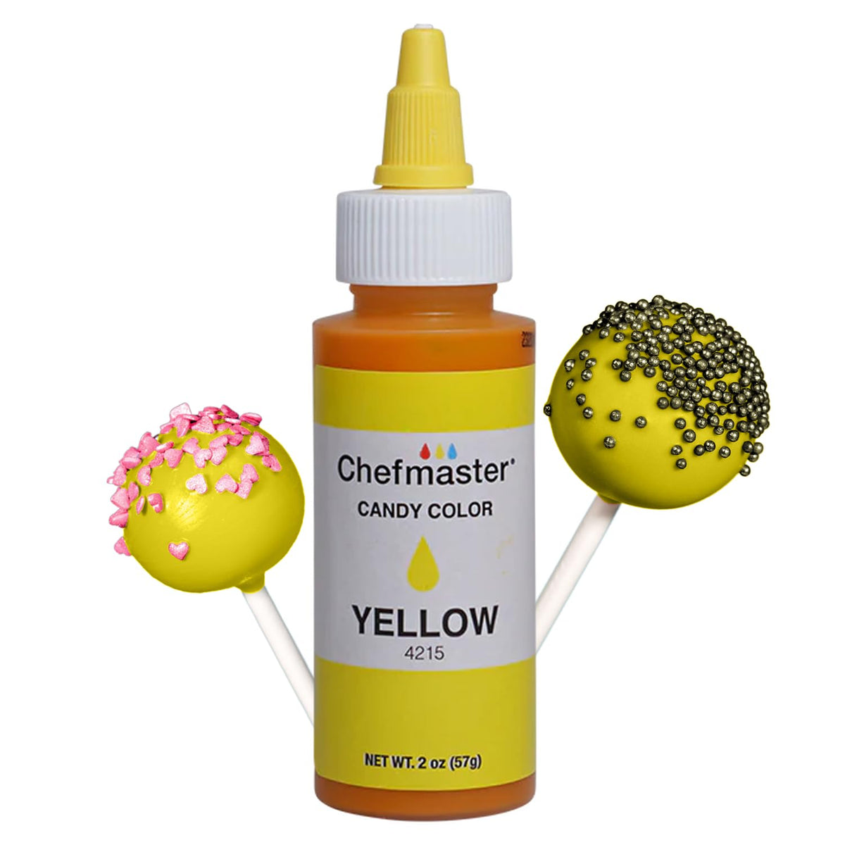Chefmaster Yellow Candy Color bottle pour for vibrant chocolate coatings.