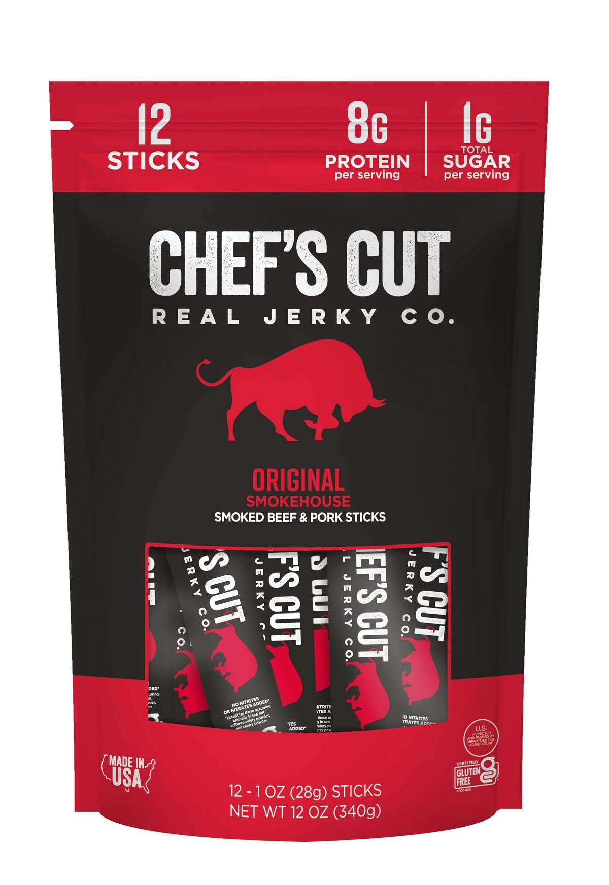 Chef’s Cut Real Snack Sticks original smokehouse flavor in a package, ideal for on-the-go protein