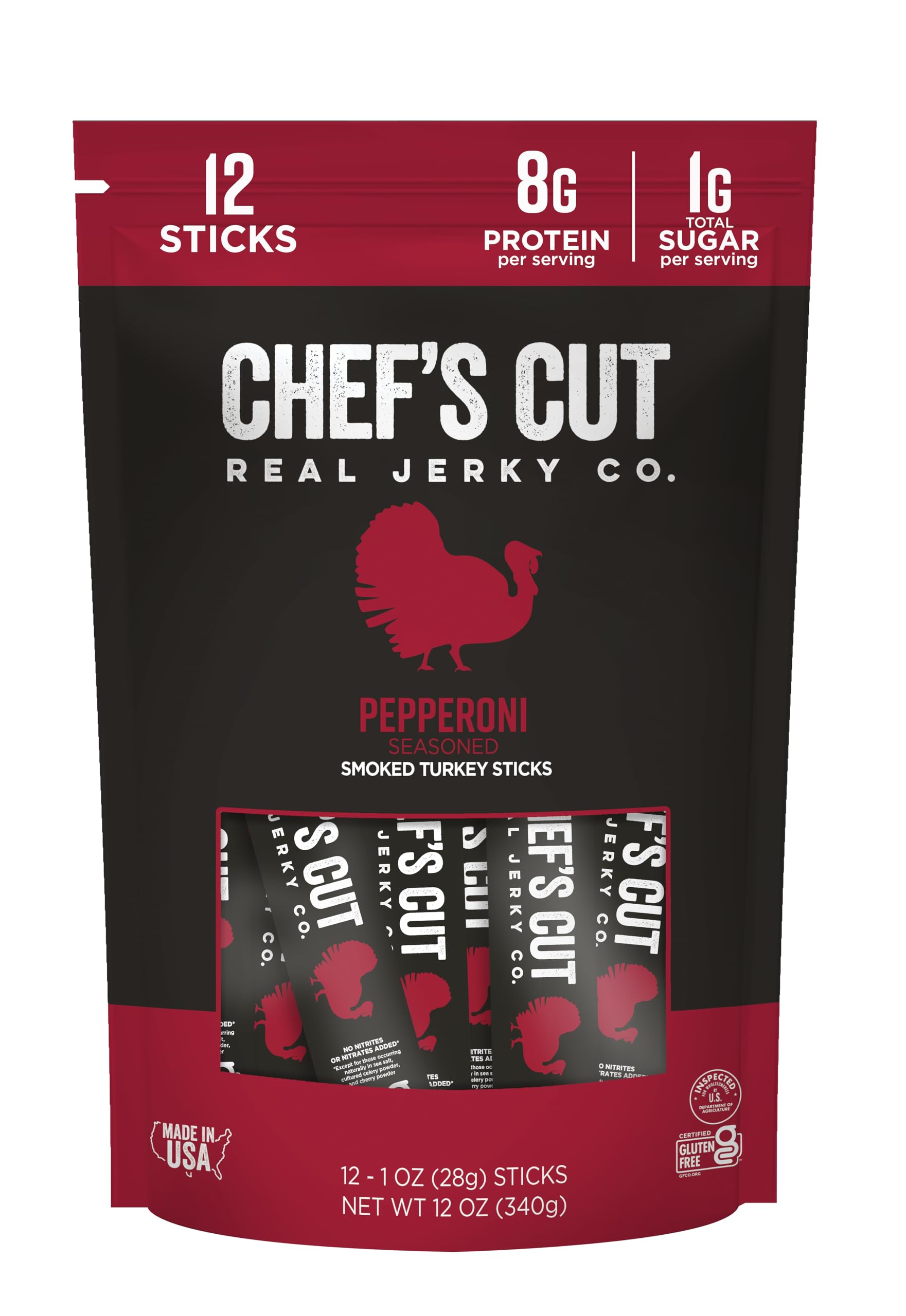 Chef’s Cut Real Turkey Jerky pepperoni-seasoned stick close-up, smoky flavor and protein boost.