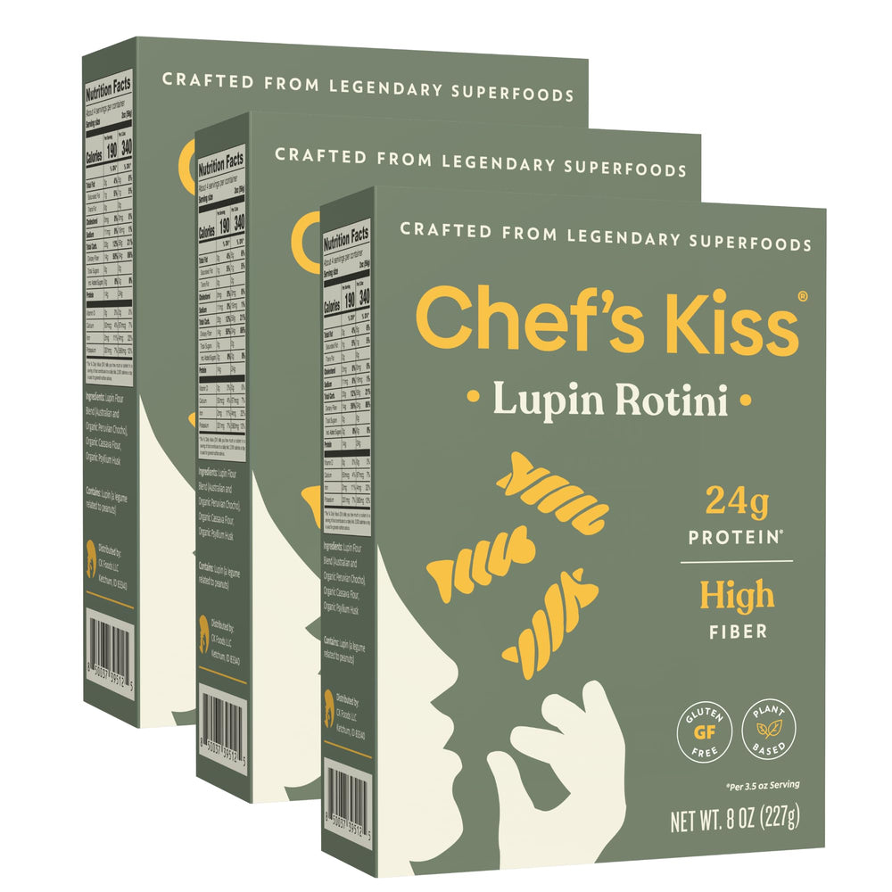 Chef's Kiss Protein Rotini packaging showing gluten-free lupin pasta and high-protein claim