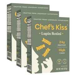 Chef's Kiss Protein Rotini packaging showing gluten-free lupin pasta and high-protein claim