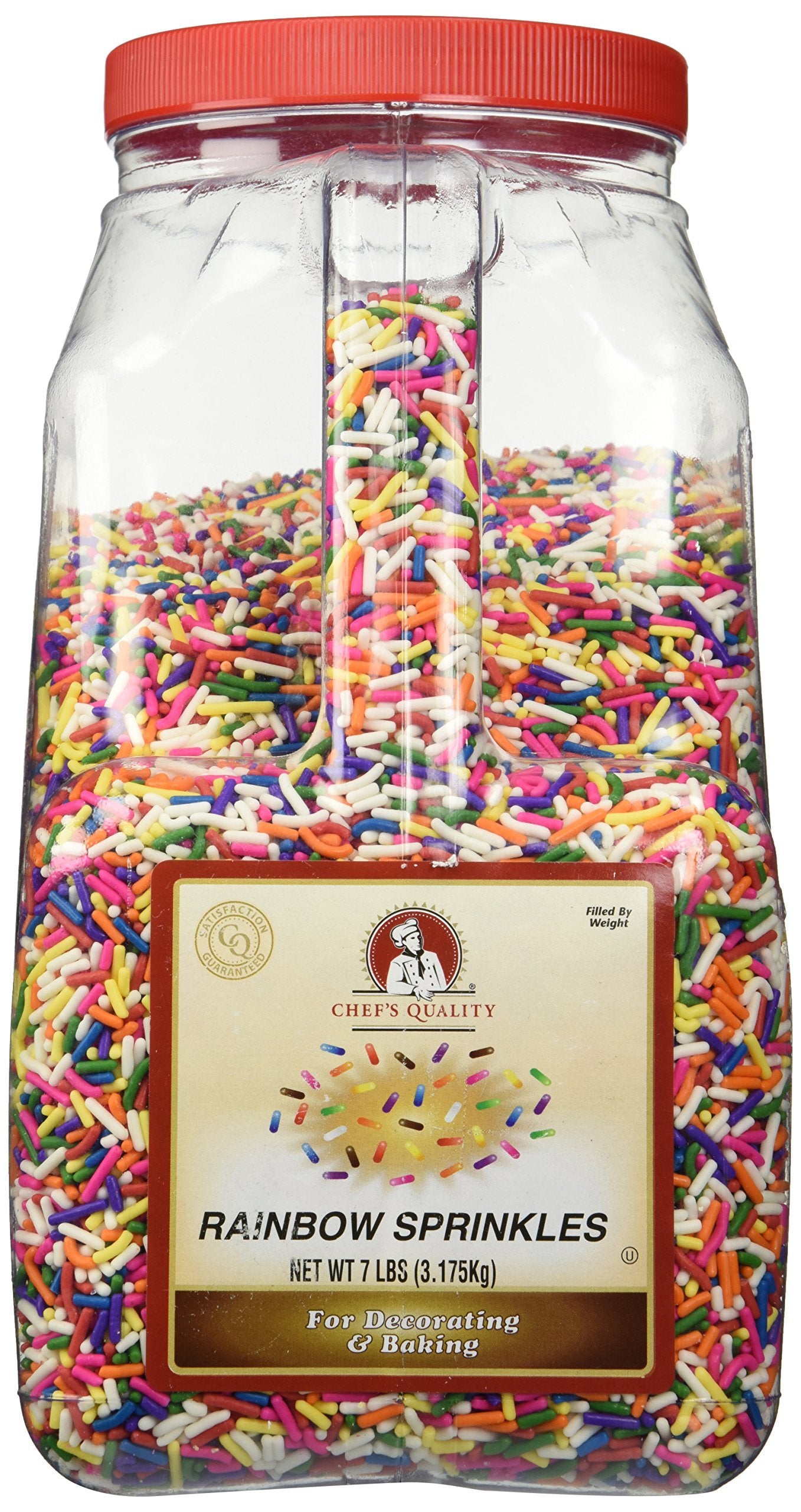 Chef's Quality Rainbow Sprinkles jar close-up for vibrant cake decorating and dessert toppings.