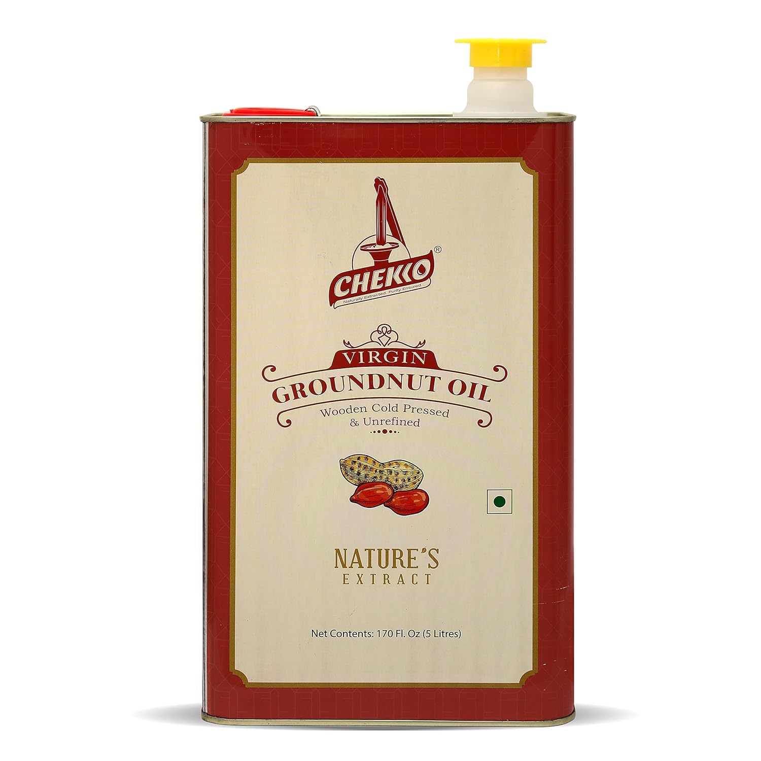 Chekko peanut oil 5L tin packaging protects freshness for bulk use.