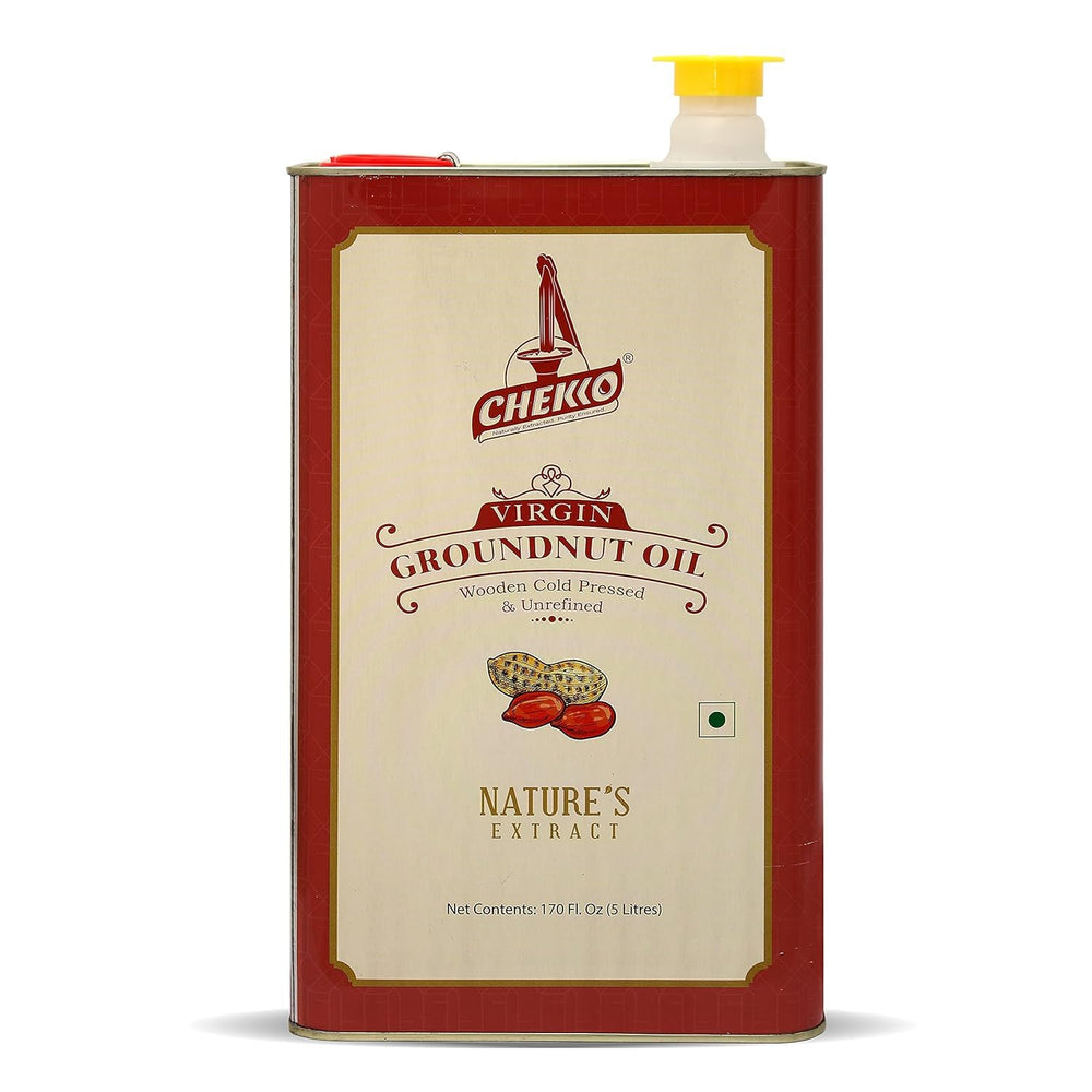 Chekko peanut oil 5L tin packaging protects freshness for bulk use.