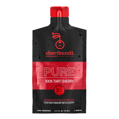 Cheribundi tart cherry juice pouch showing 40 cherries for post-workout recovery.