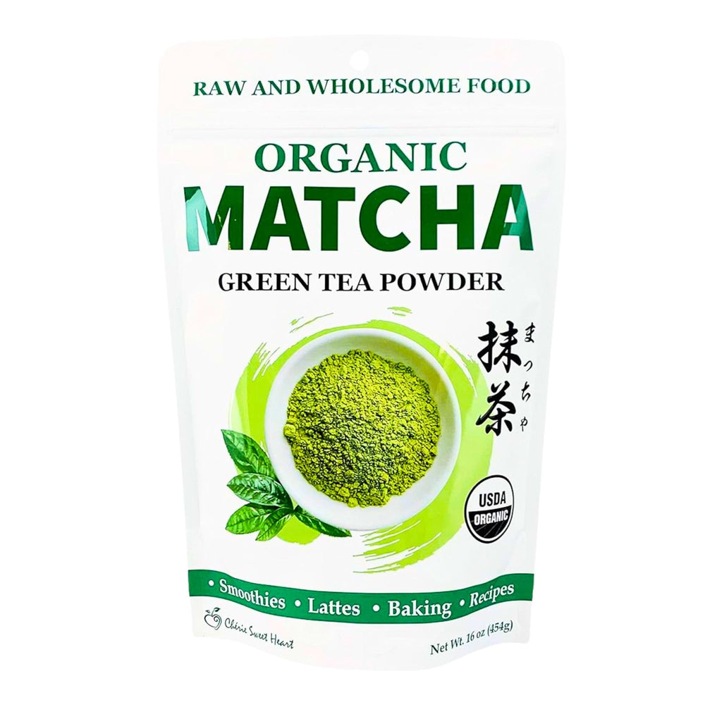 Chérie Sweet Heart organic matcha powder in resealable bag for freshness.