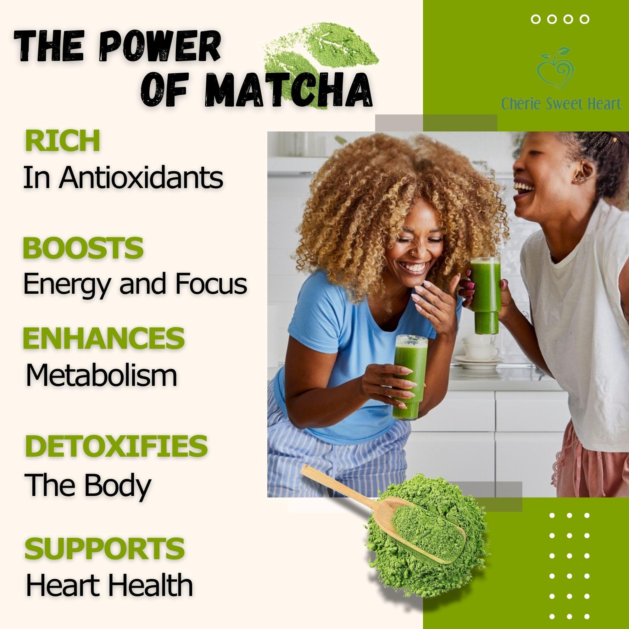 Chérie Sweet Heart smoothie with matcha powder bowl emphasizing vibrant color and antioxidant-friendly boost.