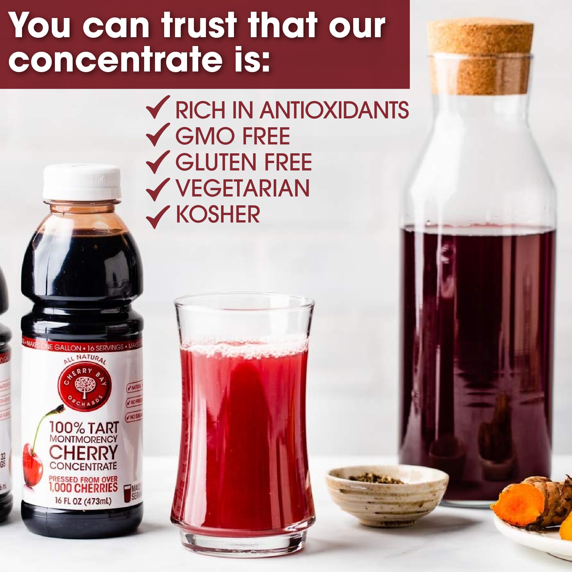 Cherry Bay Orchards label shows gluten free and Kosher certified quality