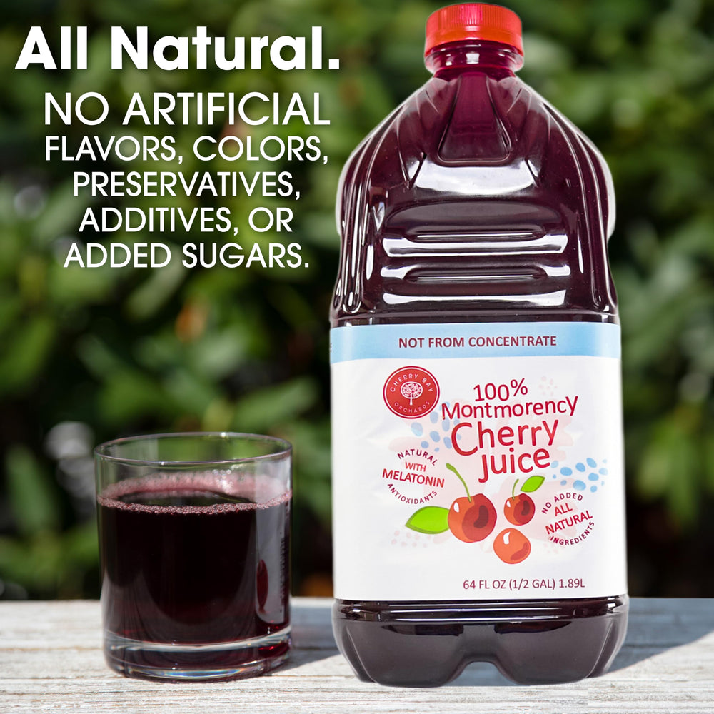Cherry Bay Orchards Tart Montmorency juice bottle side view shows convenient two-pack packaging.