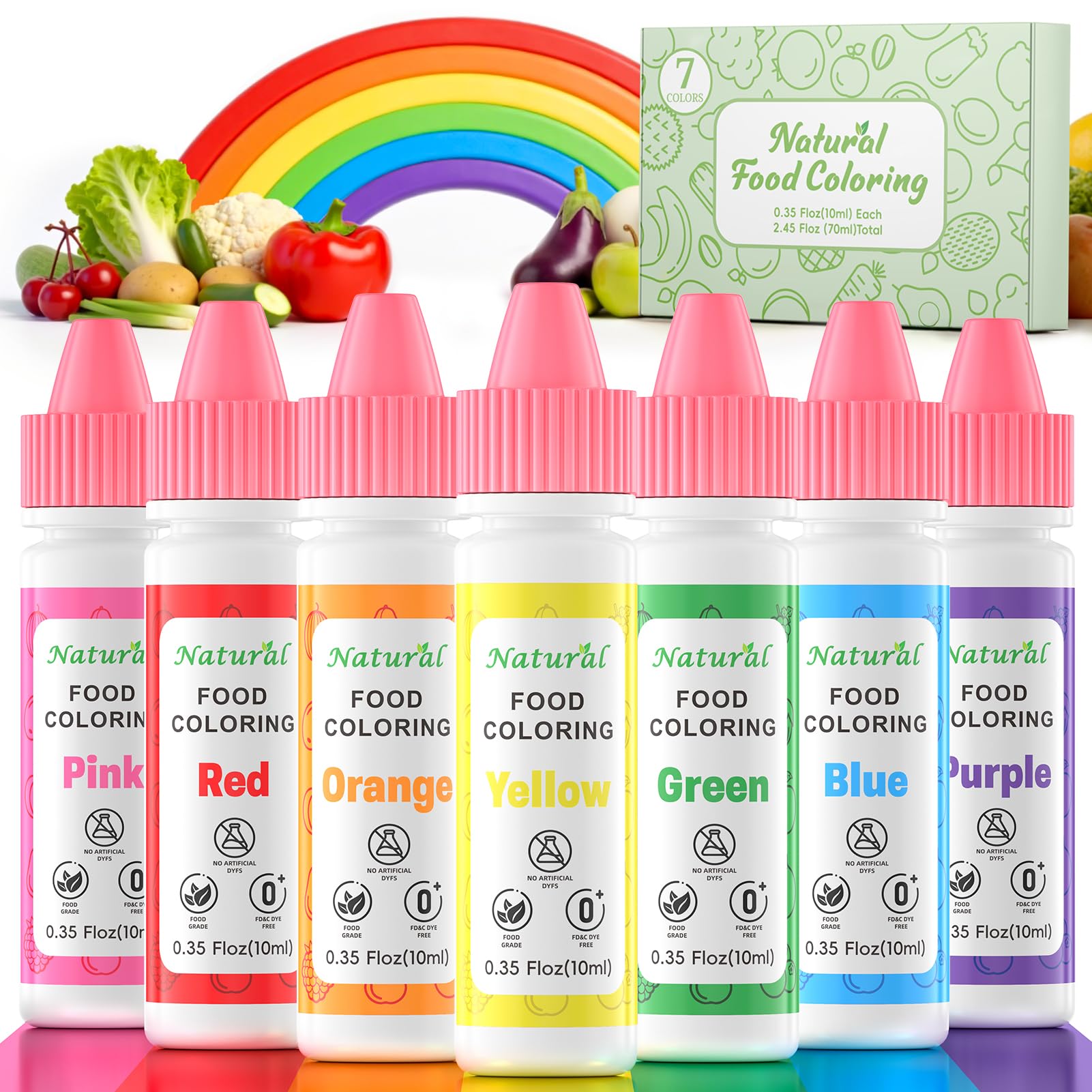 Cherrysea rainbow liquid colors bottles in front for vibrant cake decorating