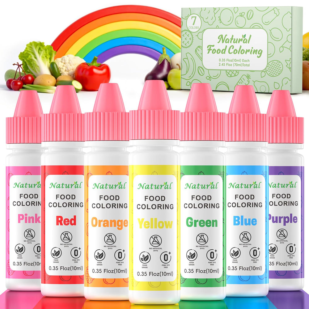 Cherrysea rainbow liquid colors bottles in front for vibrant cake decorating