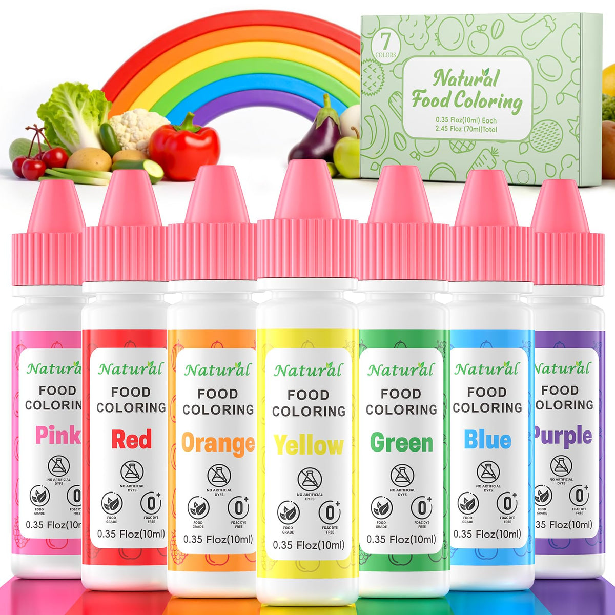 Cherrysea rainbow liquid colors bottles in front for vibrant cake decorating