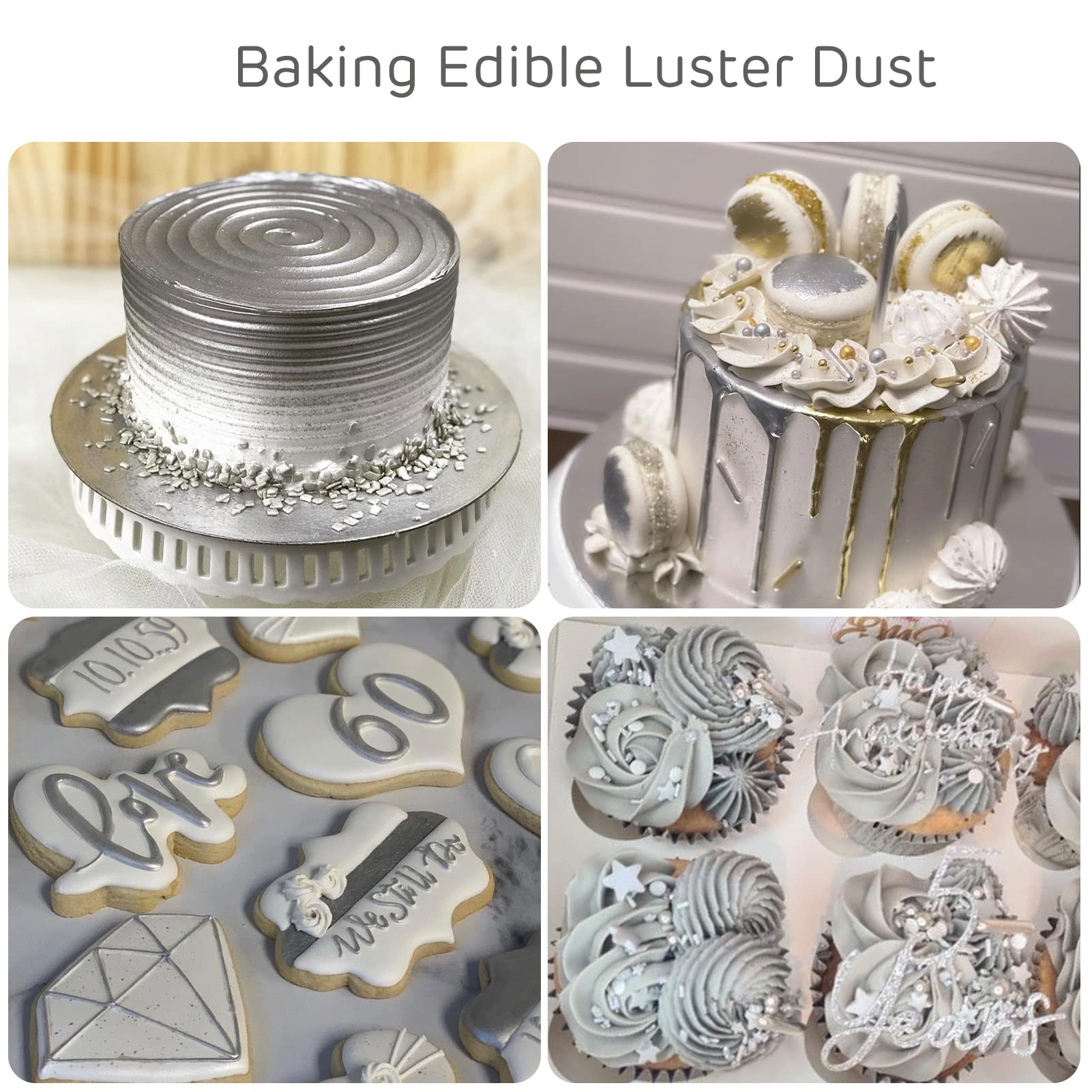 Cherrysea Silver Edible Luster Dust jar close-up adds subtle shimmer to desserts.