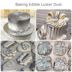 Cherrysea Silver Edible Luster Dust jar close-up adds subtle shimmer to desserts.