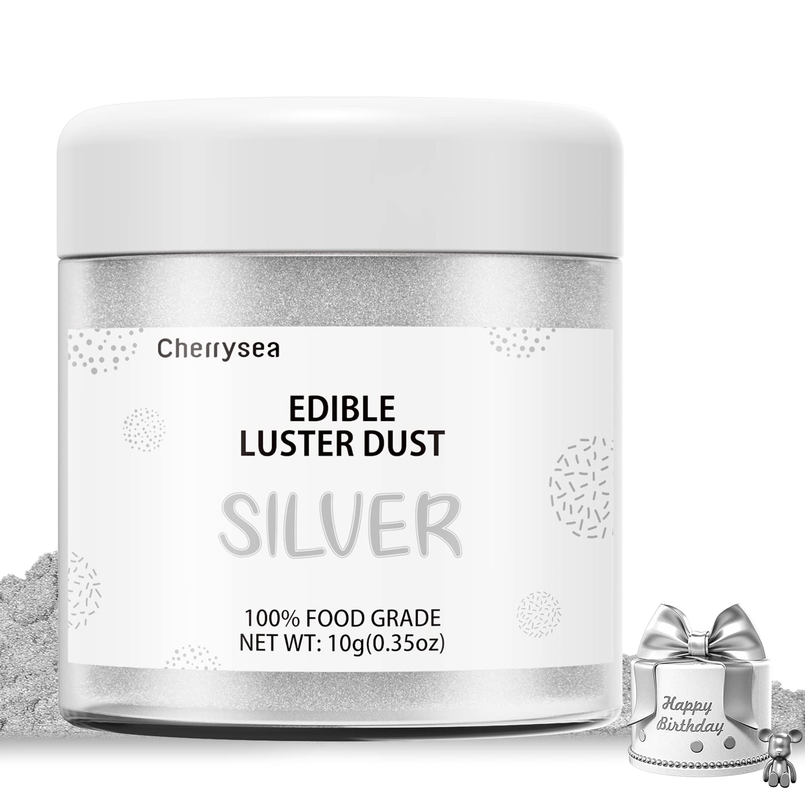 Cherrysea Silver Edible Luster Dust packaging shows premium shimmer for decorations.
